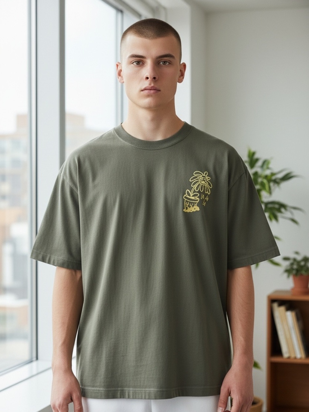 H&M Olive Green Short Sleeve Graphic Tee with Yellow Plant Motif